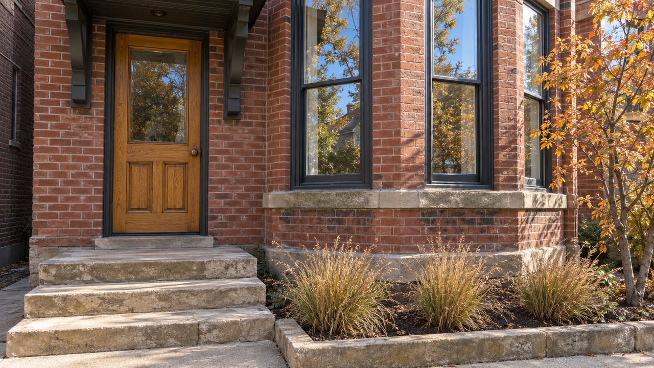 Sunlit red-brick house entrance with an oak door, sandstone steps, a projecting sash-window bay and autumn planting.