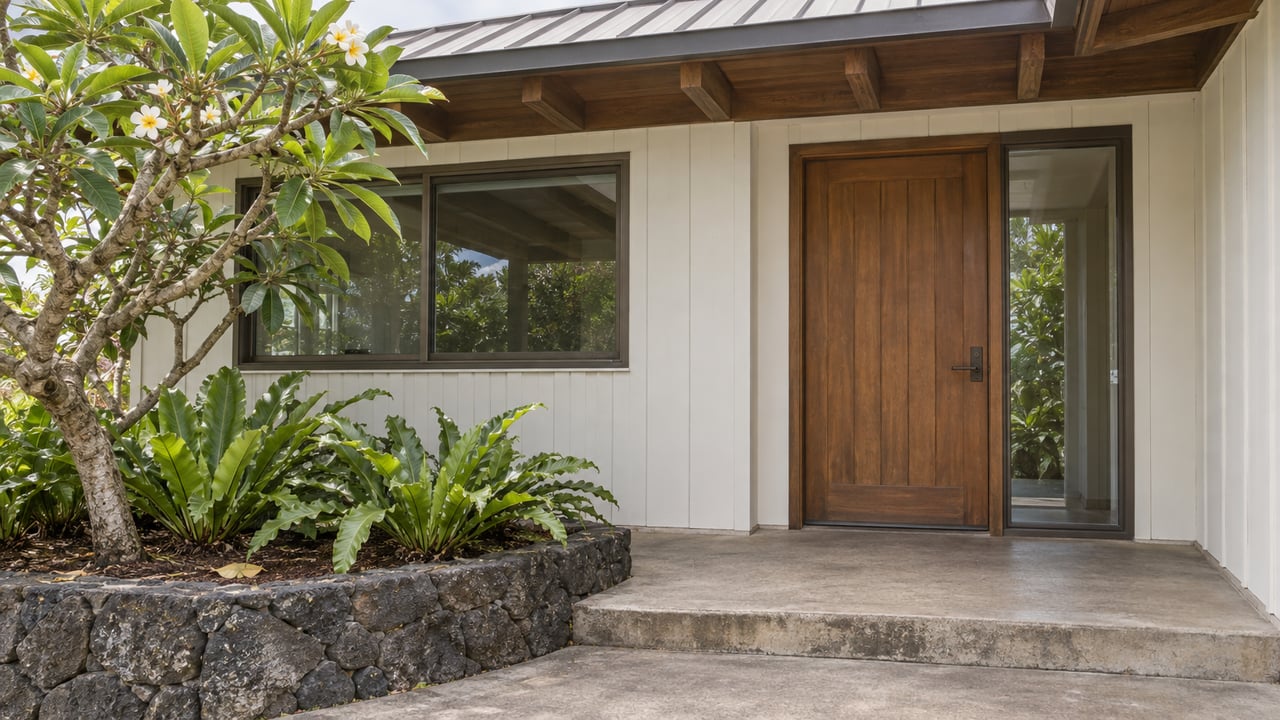 Covered home entry with weathered timber door, off-white siding, basalt planting wall, plumeria and bird’s-nest ferns.
