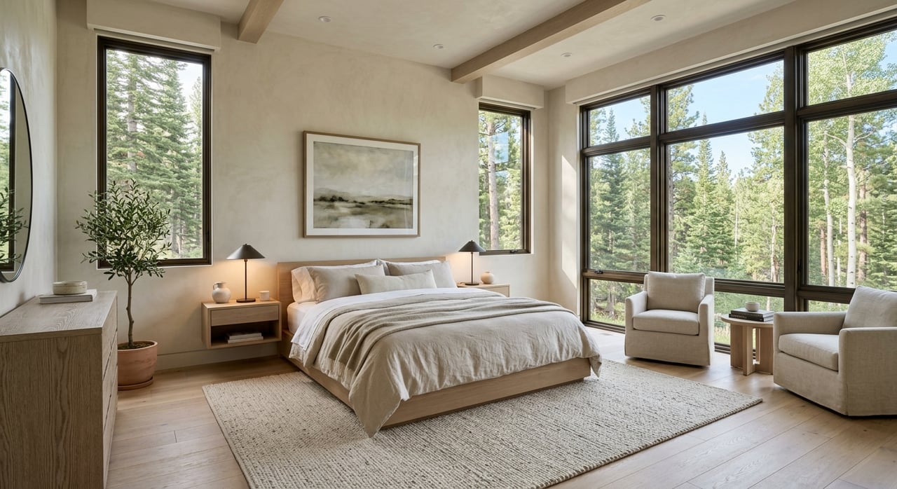 Oak platform bed with white bedding and charcoal throw beside a picture window framing pine and aspen trees.