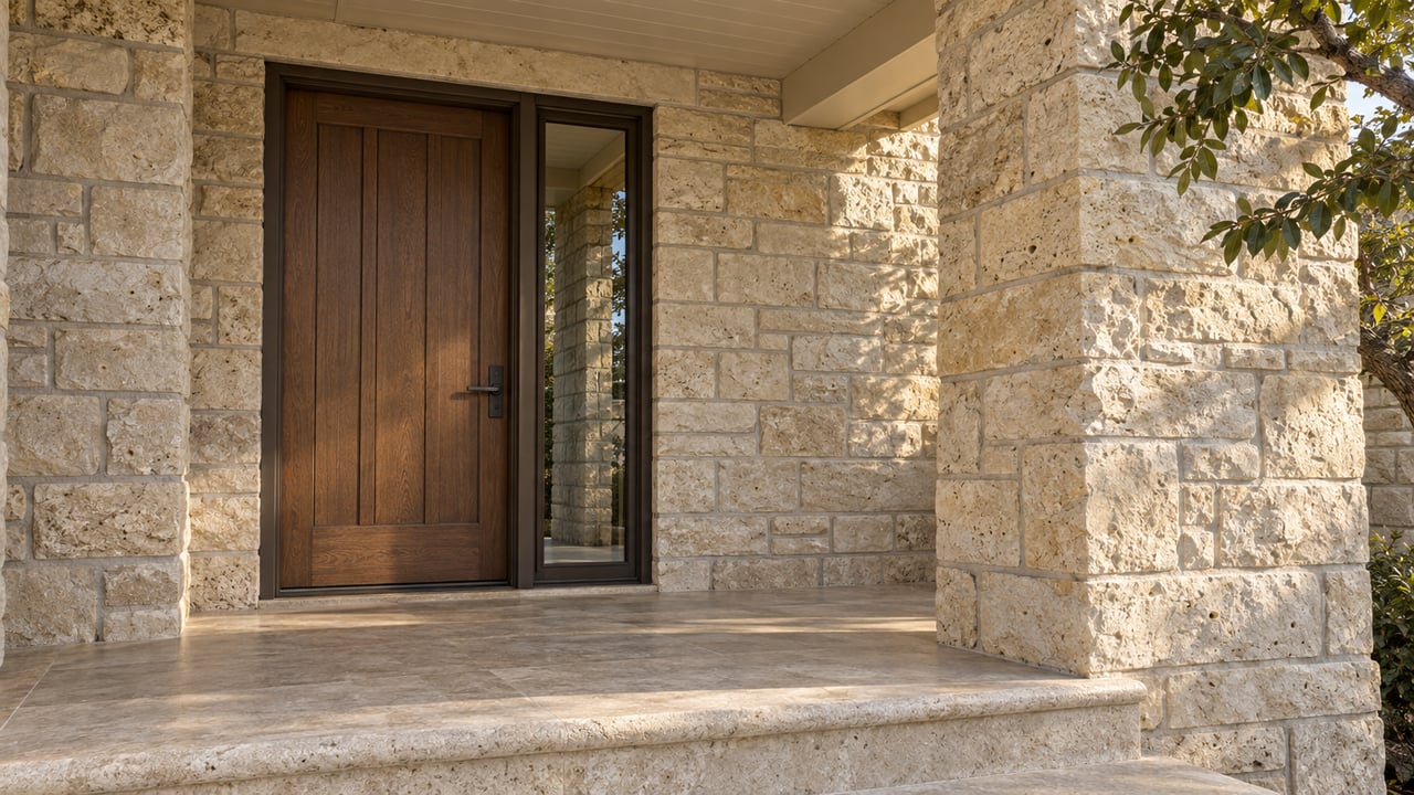 Stone home entrance with a dark wood front door, narrow sidelight, and broad steps.