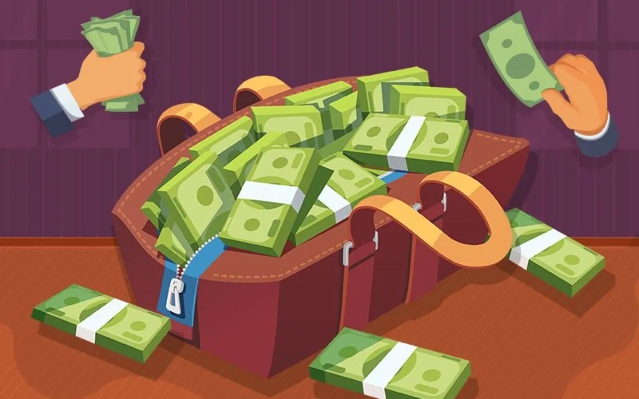 A briefcase overflowing with cash as hands hold additional bills