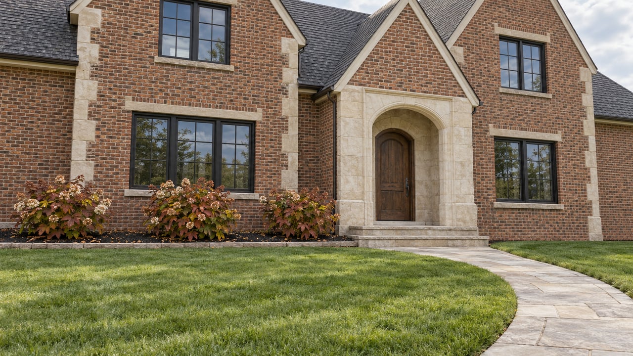 Low view across a deep lawn toward a two-story brick home with limestone details, steep gray gables and an arched oak entry.