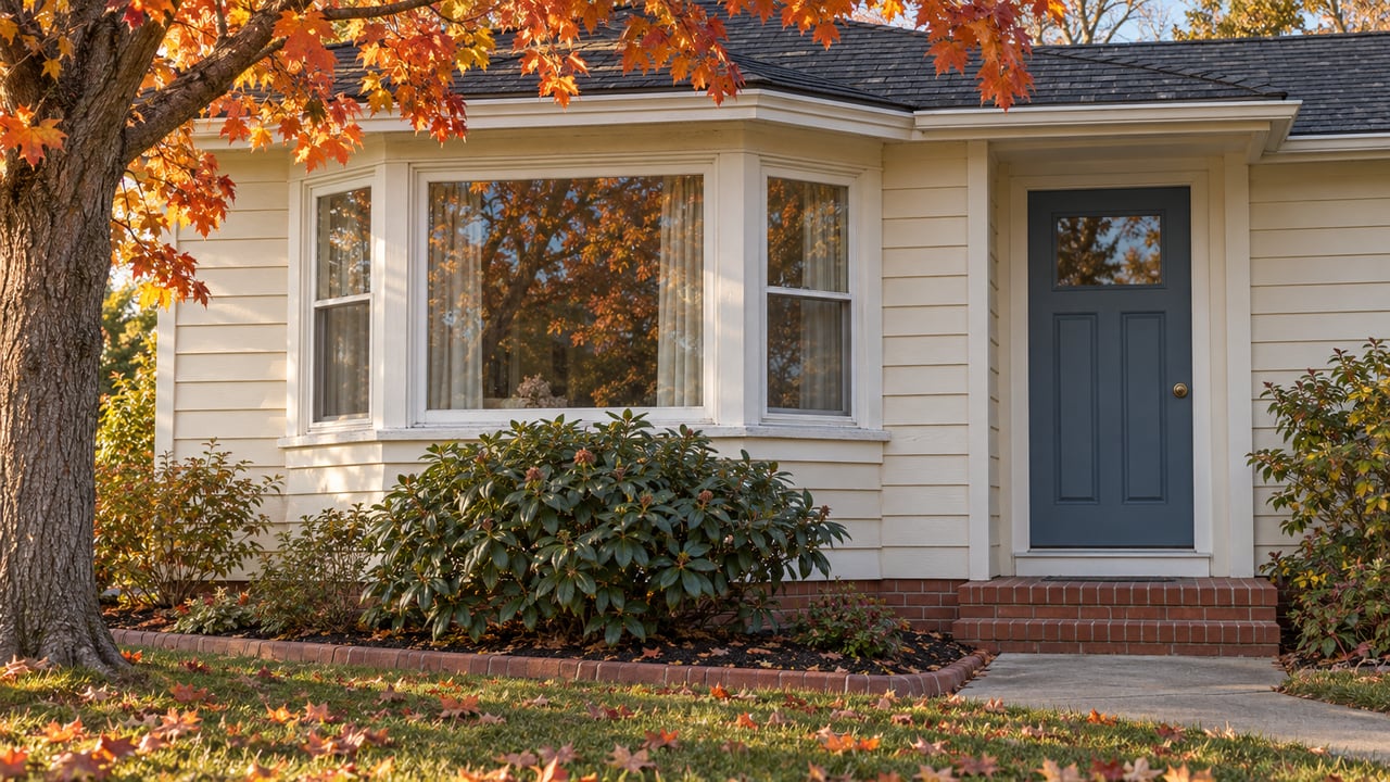 Ivory clapboard home with a projecting window bay, blue front door, brick step and amber maple foliage above a fall lawn.