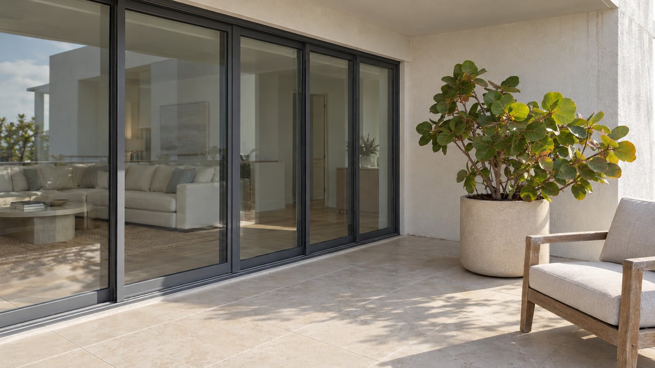 A covered condominium terrace with pale tile, closed charcoal-framed glass doors, a teak lounge chair, and a potted sea grape tree.