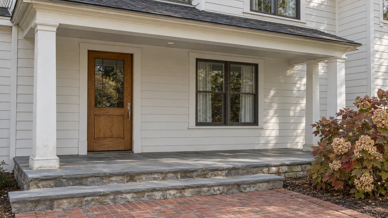 Covered entry of an off-white clapboard home with an oak door, gray stone steps, brick approach and autumn oakleaf hydrangea.