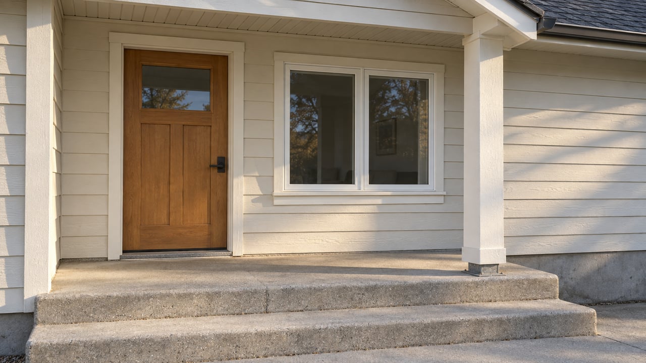 Autumn afternoon sunlight on a cream-sided home's sheltered wood entry door, paired window and worn concrete porch steps.