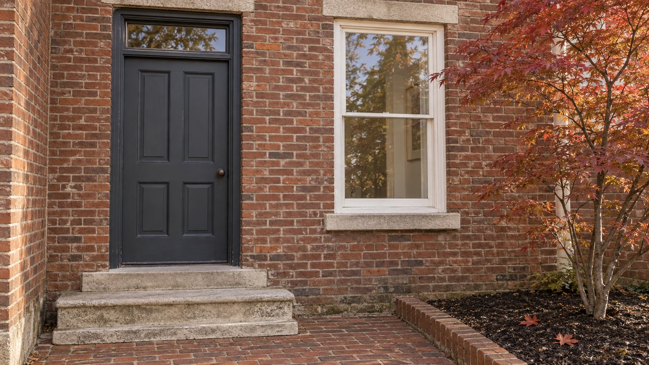 Brick home entrance with a charcoal timber door, white sash window, worn limestone steps and copper-red maple foliage.