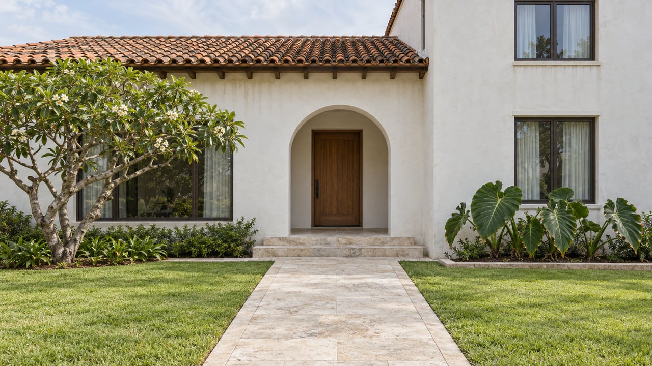 White stucco home with clay roof tiles, bronze-framed windows and a recessed wooden entry beyond a limestone walk and planted front garden.