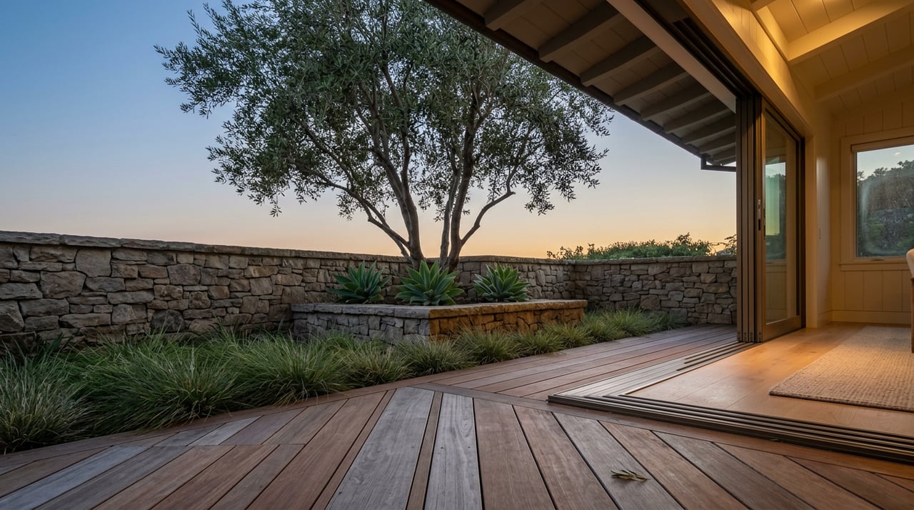 Open glass wall leading to an ipe deck, fieldstone parapet, and olive tree beneath a dusky sky.