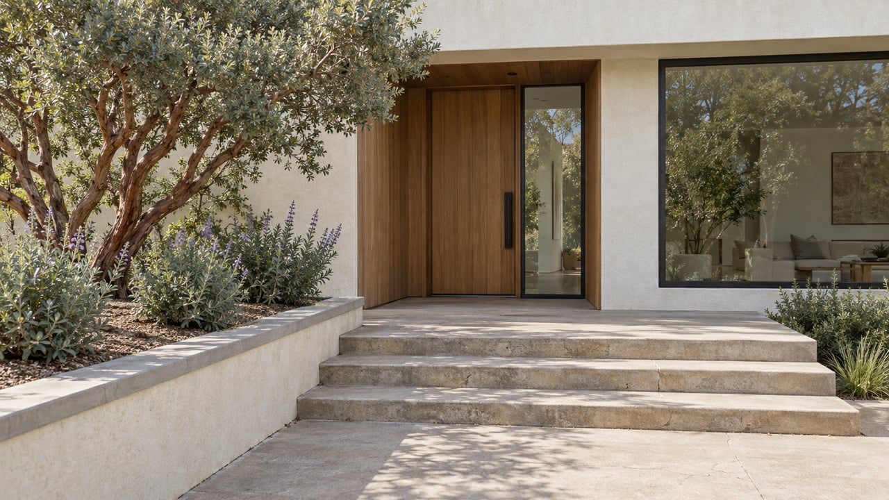 Sunlit concrete steps lead to a recessed cedar entry beside pale stucco walls, large windows and a sculptural manzanita in a raised planting bed.