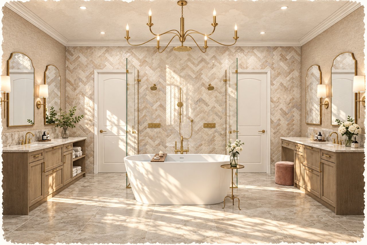 Bathroom with a freestanding tub, matching wood vanities, patterned marble tile, and brass fixtures.