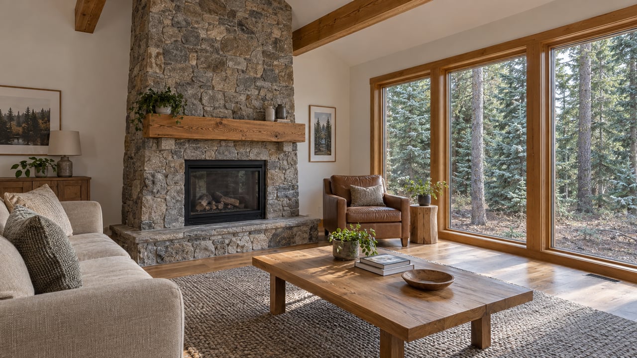Vaulted living room with an irregular stone fireplace, oak beams, oatmeal sofa and caramel leather chair beside tall windows looking into evergreens.