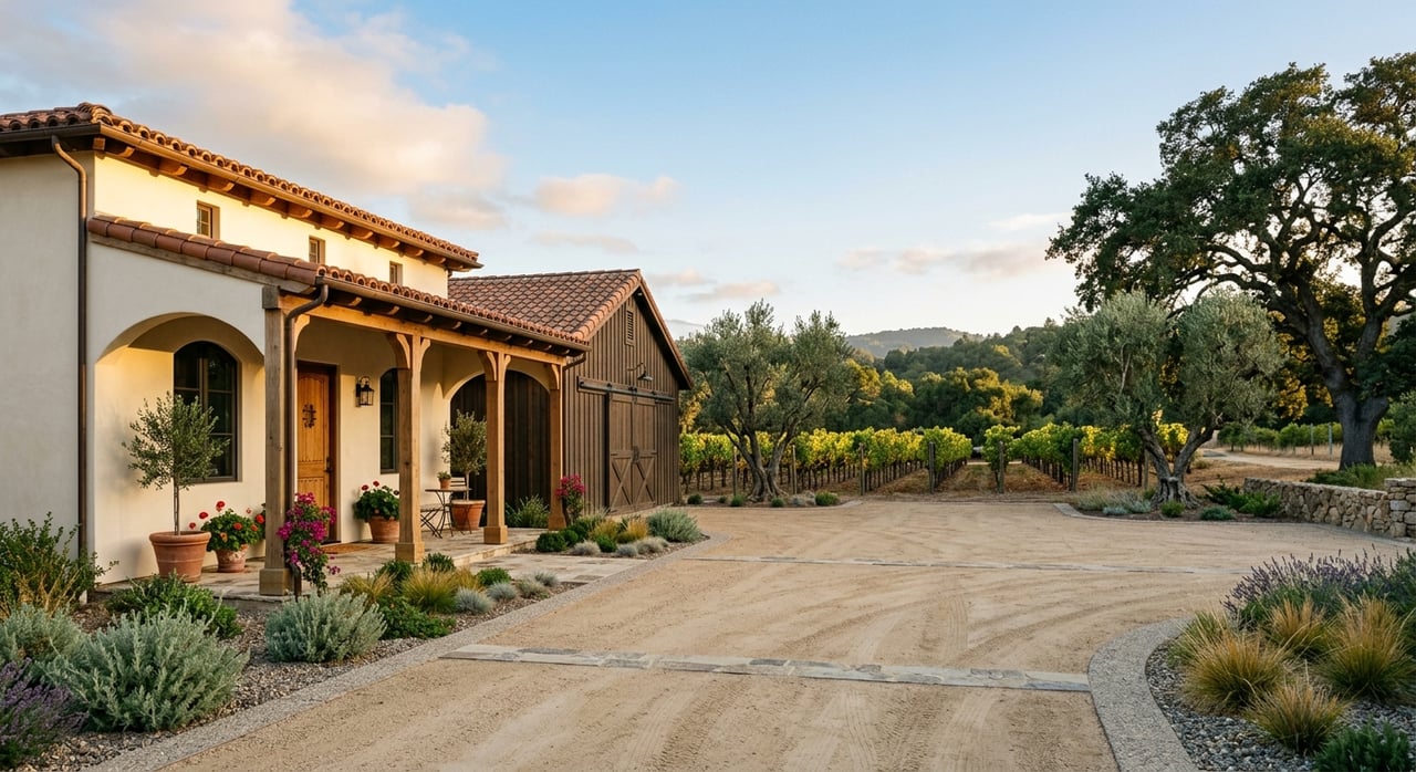 Estate courtyard with vineyard rows between an arched stucco casita and a partly open cedar barn.