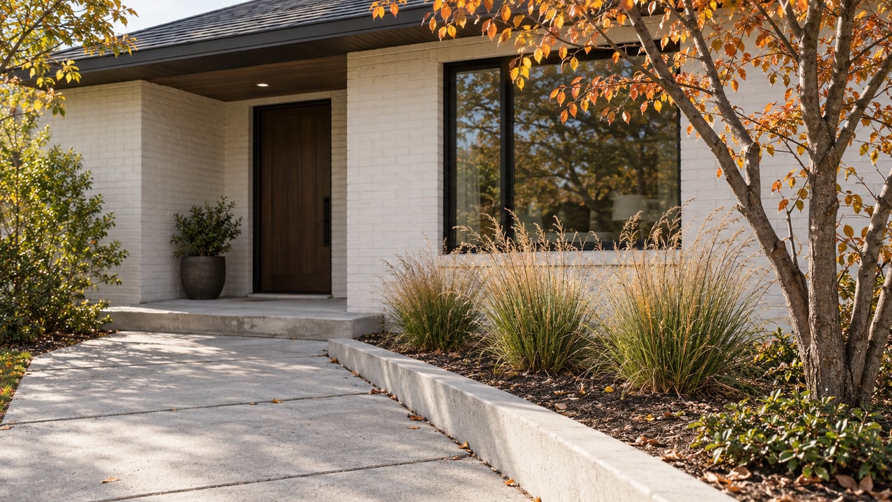 Off-white brick house with a recessed dark door, concrete walk, and copper-leaved tree beside autumn grasses.