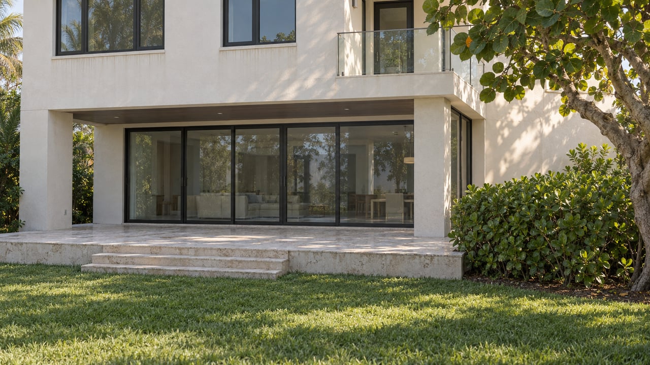 Two-story stucco home with a glass-enclosed lanai, shellstone terrace, and deep lawn beneath a tropical tree.