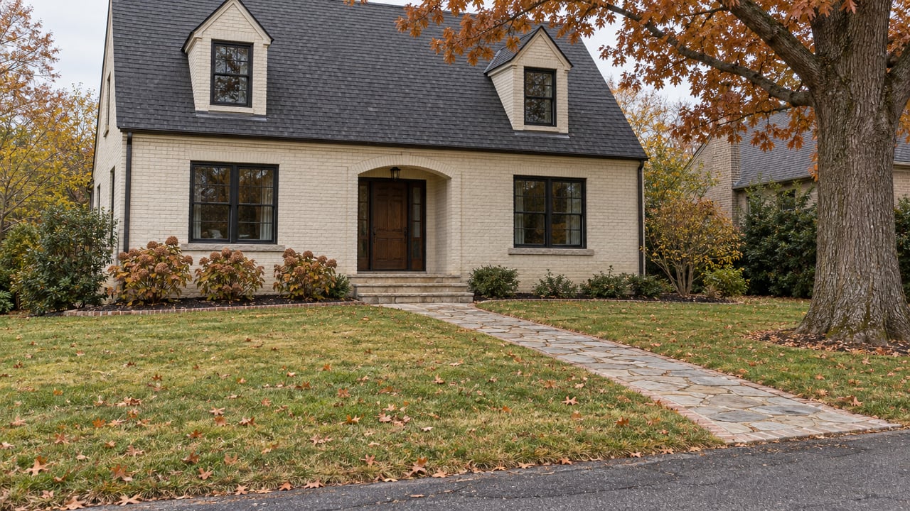 Painted-brick home with a steep shingle roof, limestone entry walk, and deep autumn lawn meeting an uncurbed asphalt edge.
