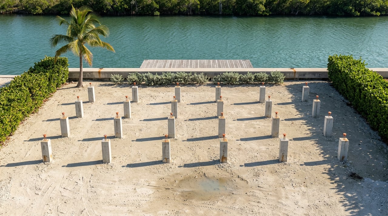 Cleared canal-front lot with a grid of concrete piers, dock, seawall, and teal water.