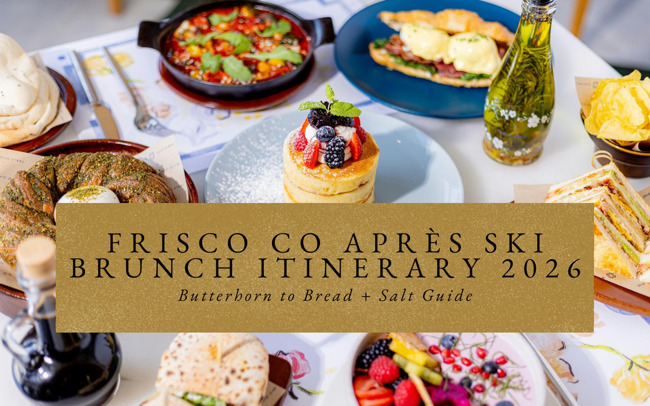 Sunny patio tables filled with brunch plates and bloody marys at Bread + Salt Frisco, Tenmile Range backdrop.