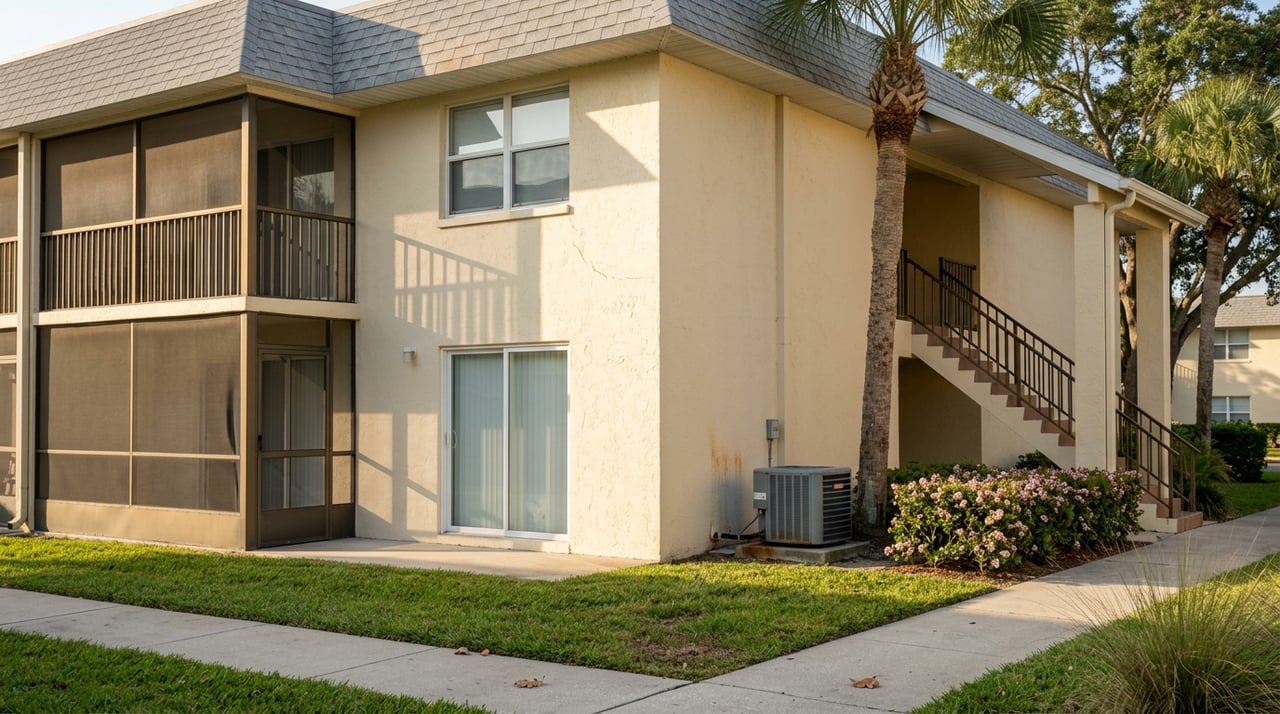 Cream stucco condominium corner with a screened patio, exterior stair, and sunlit walkway.
