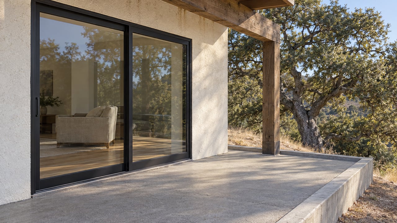 Sunlit concrete terrace beside a pale stucco home, closed black-framed glass doors and weathered timber framing, with a mature blue oak beyond the raised patio edge.