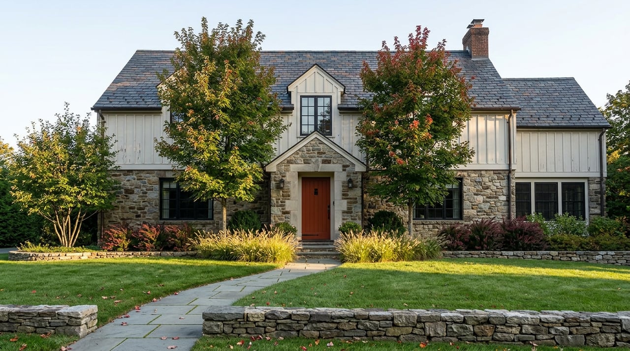 Stone-and-clapboard house with a slate roof, curved bluestone walk, autumn trees, and a low fieldstone wall.