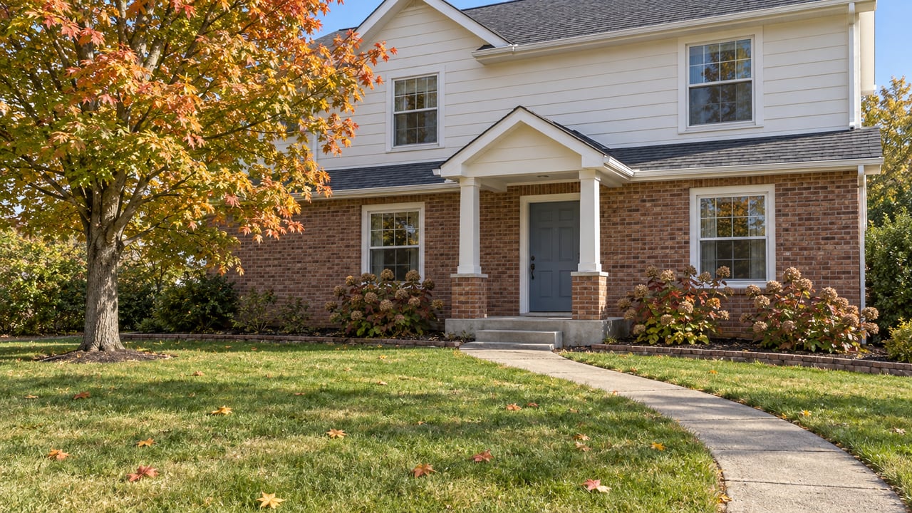 Two-story brick and white-sided house with a blue-gray door and curved front walkway.