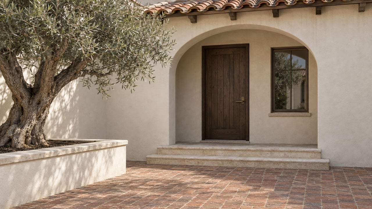 Sunlit stucco courtyard entrance with a timber door beneath an arch, terracotta roof tiles, brick paving and a mature olive tree.