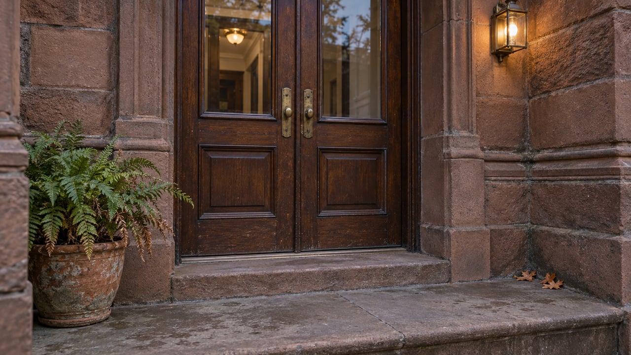 Brown sandstone townhouse doorway with paired walnut doors, a worn stone landing and a potted fern in early evening light.