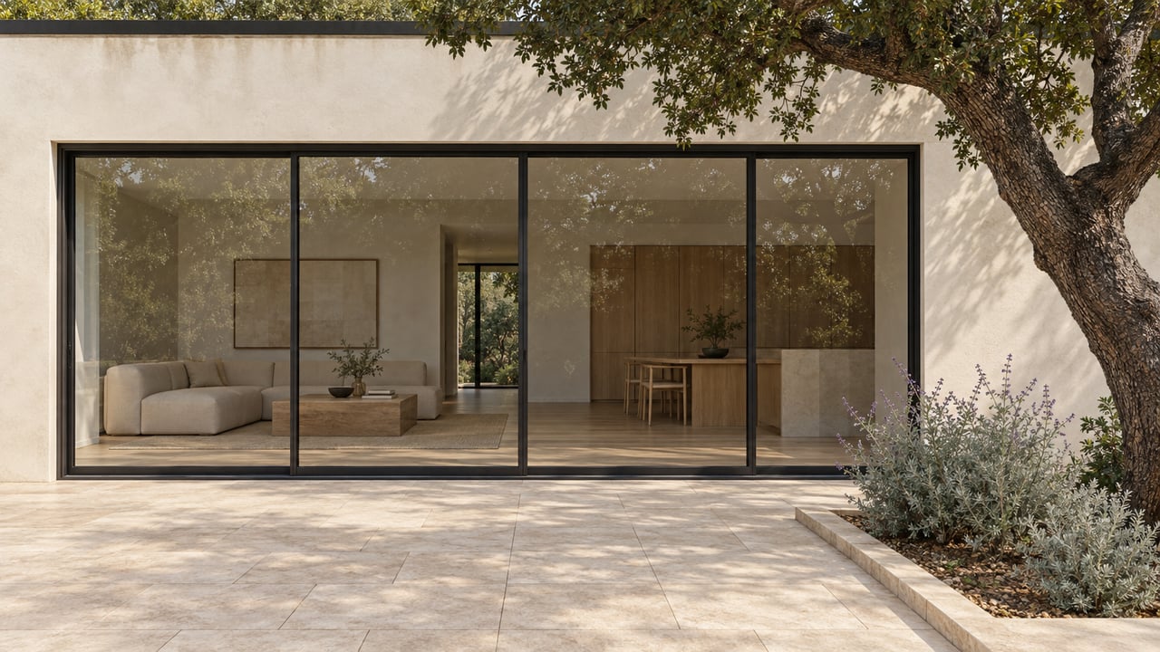 Ivory-plastered house with broad black-framed glazing, an oak tree, and an inset planting bed beside limestone paving.