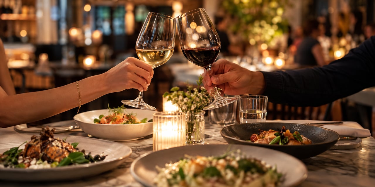 Diners toast with wine over a candlelit table of plated food.