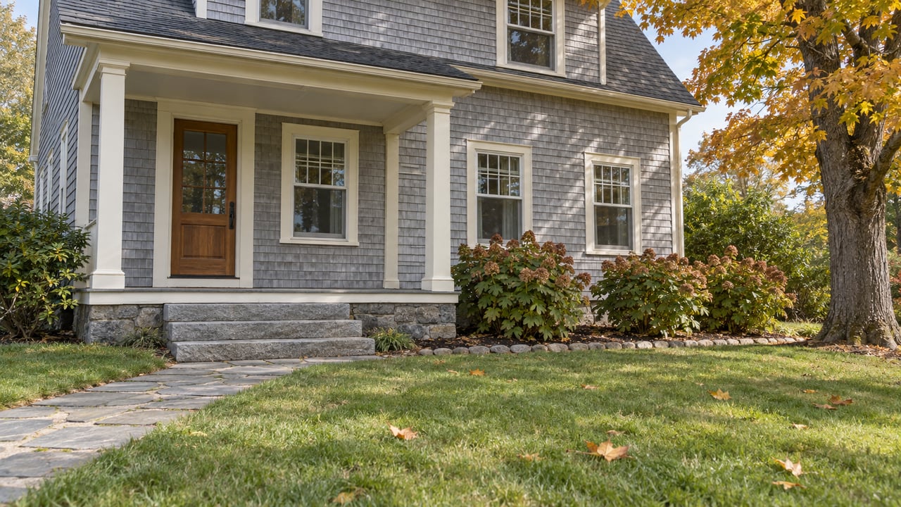Gray-shingled house with a covered porch, stone steps, and autumn trees.