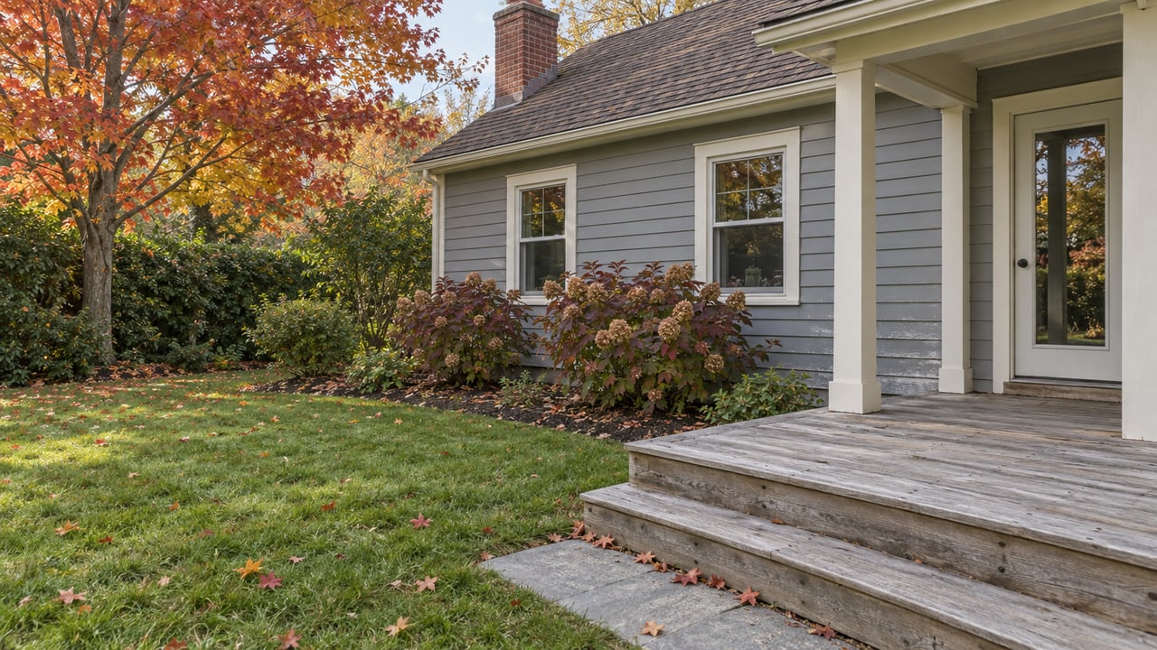 Weathered cedar rear porch beside a gray clapboard house, opening onto a small autumn lawn and red maple.