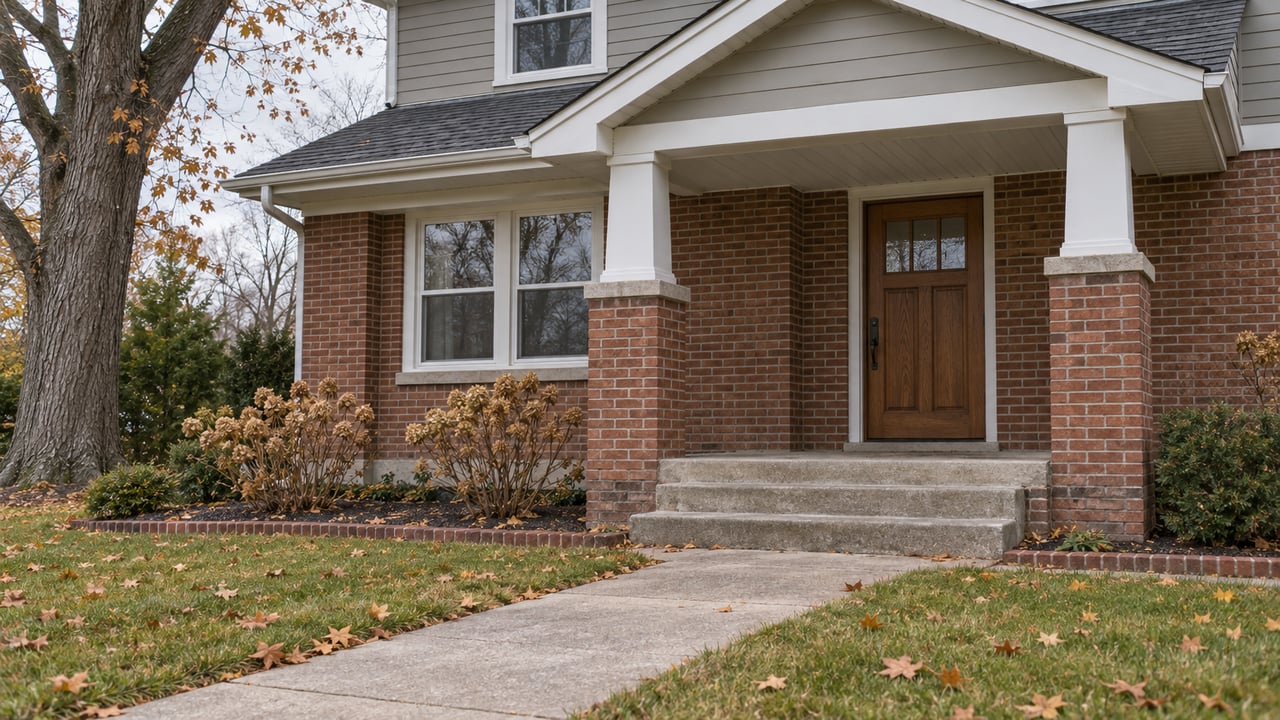 Late-autumn view of a brick home's covered front entry, weathered concrete approach, dormant lawn and dried hydrangea flowers.