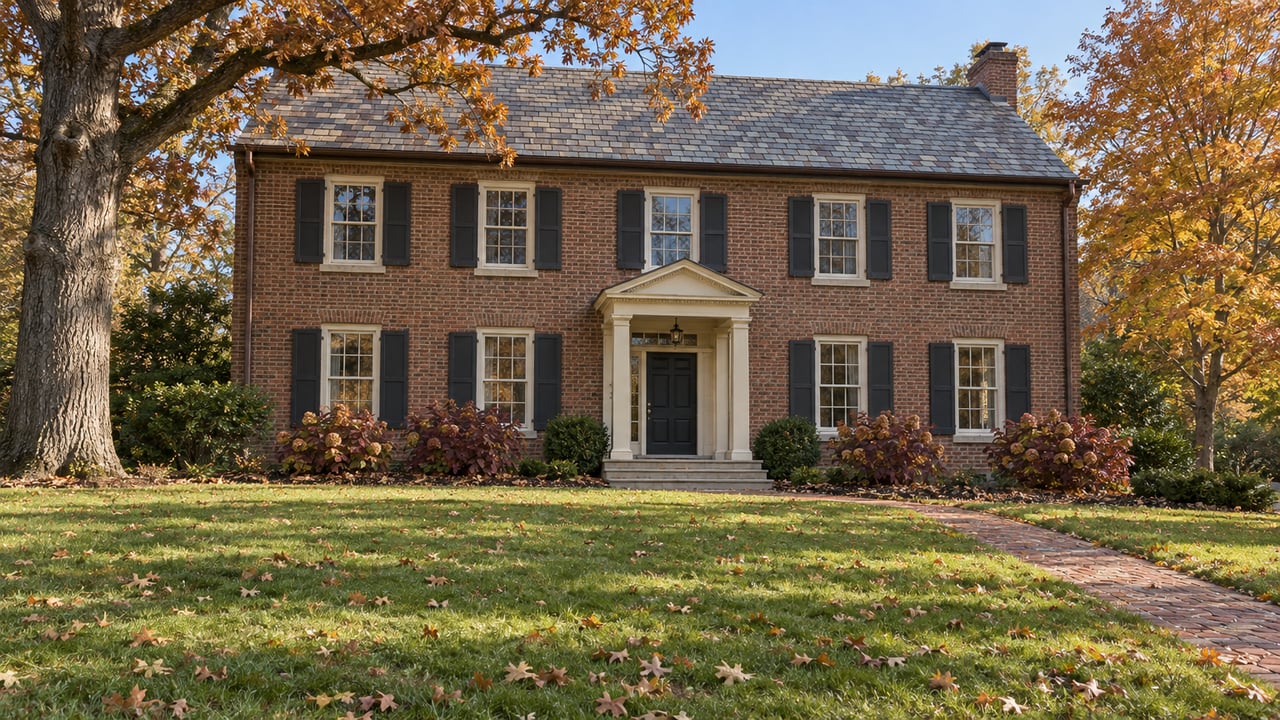 An established brick home with slate roof, shuttered windows and a limestone entry beyond a broad autumn lawn.