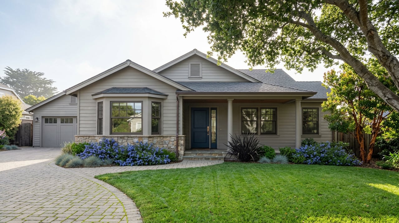 Coastal-style gray house with a stone entry, navy front door, blue-purple flowering shrubs, and a curving paver driveway.