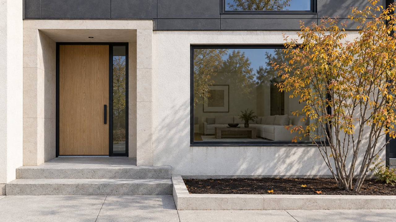 Contemporary residential entrance with pale limestone, an oak door, black-framed windows and an autumn serviceberry beside concrete steps.