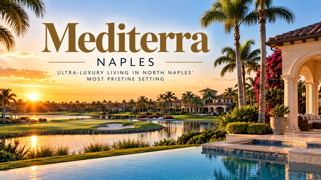 Mediterra in North Naples, Florida, featuring Italian-inspired luxury homes, championship golf, lush landscaping, water views, and resort-style living in one of Southwest Florida’s premier private communities.