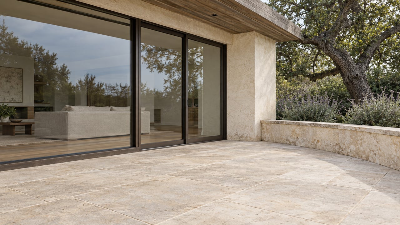 Low-angle view across limestone terrace paving toward bronze-framed glass and ivory plaster, beside a mature oak and sage planting.