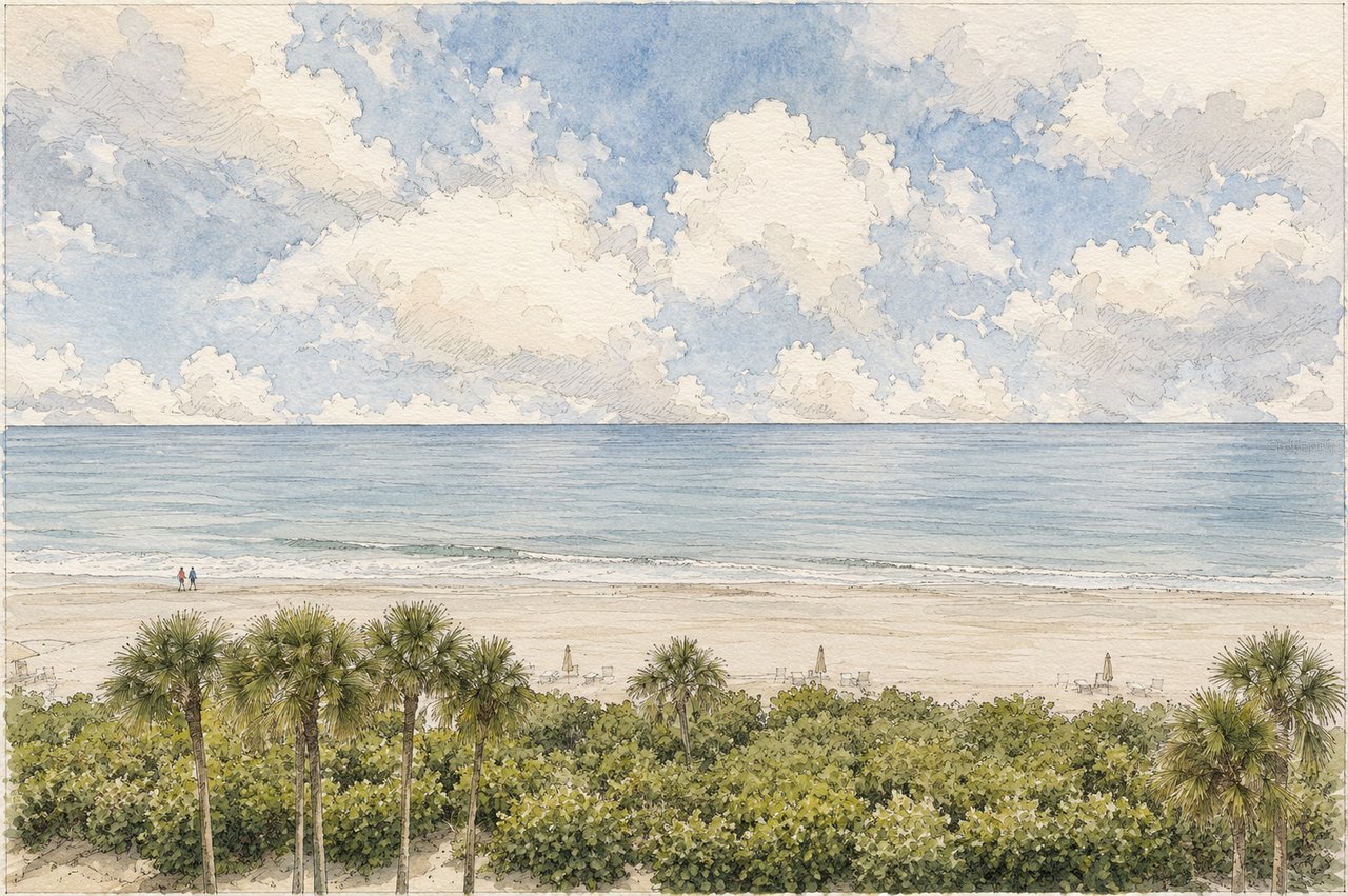 Panoramic beach with palm trees, sandy shore, calm ocean, and towering clouds.