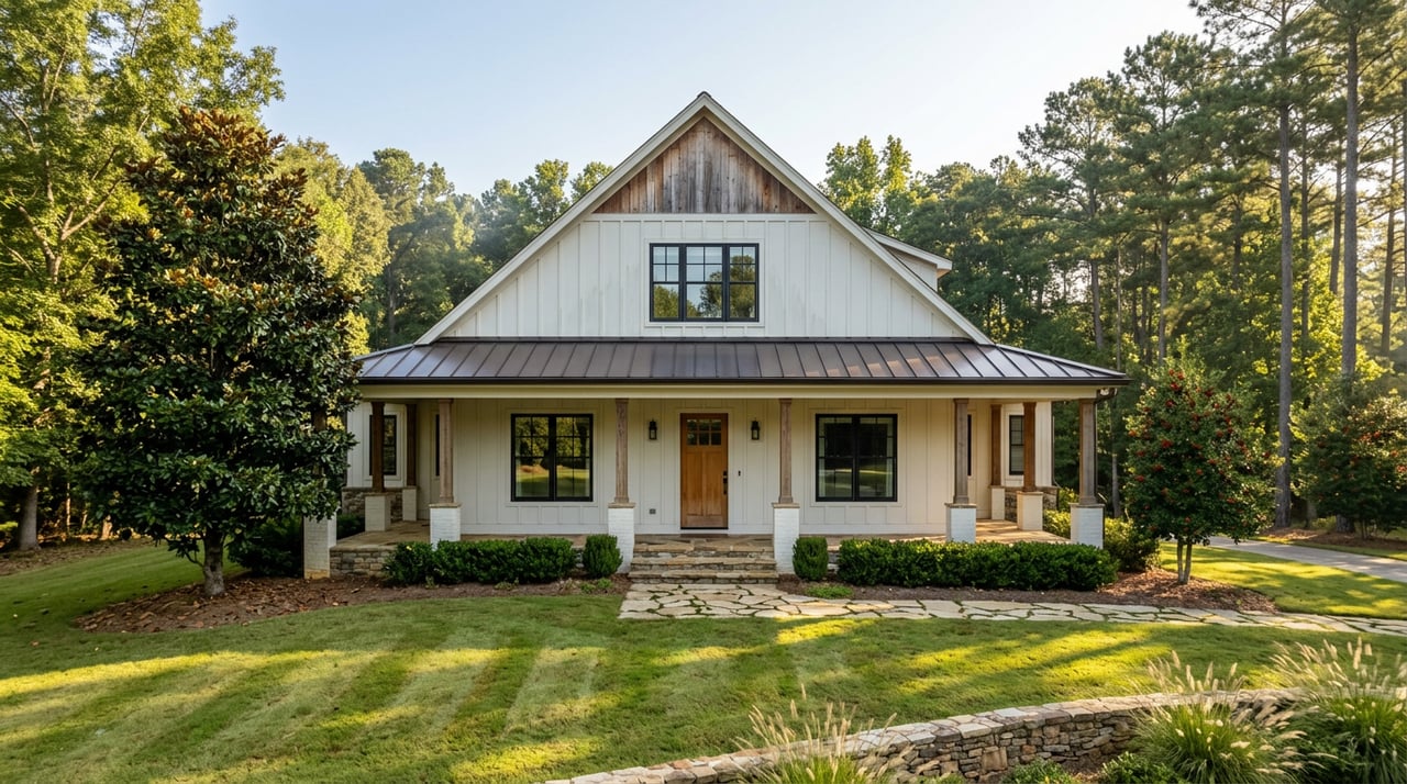 White board-and-batten home with gabled porch, magnolia, and fieldstone-edged lawn against woods.