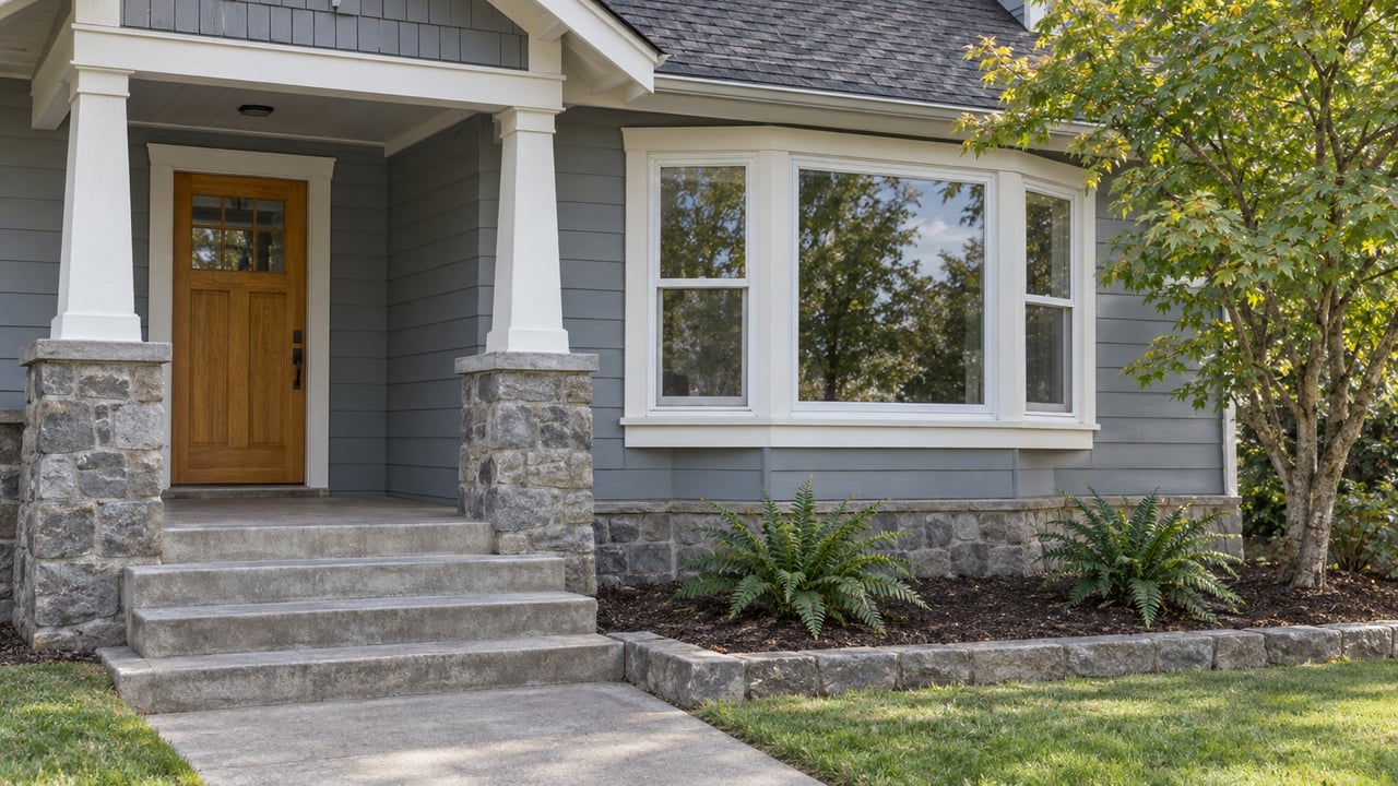 Blue-gray wood-sided home with a covered oak entry, stone porch piers, a three-part window bay, and carefully placed maple and ferns.