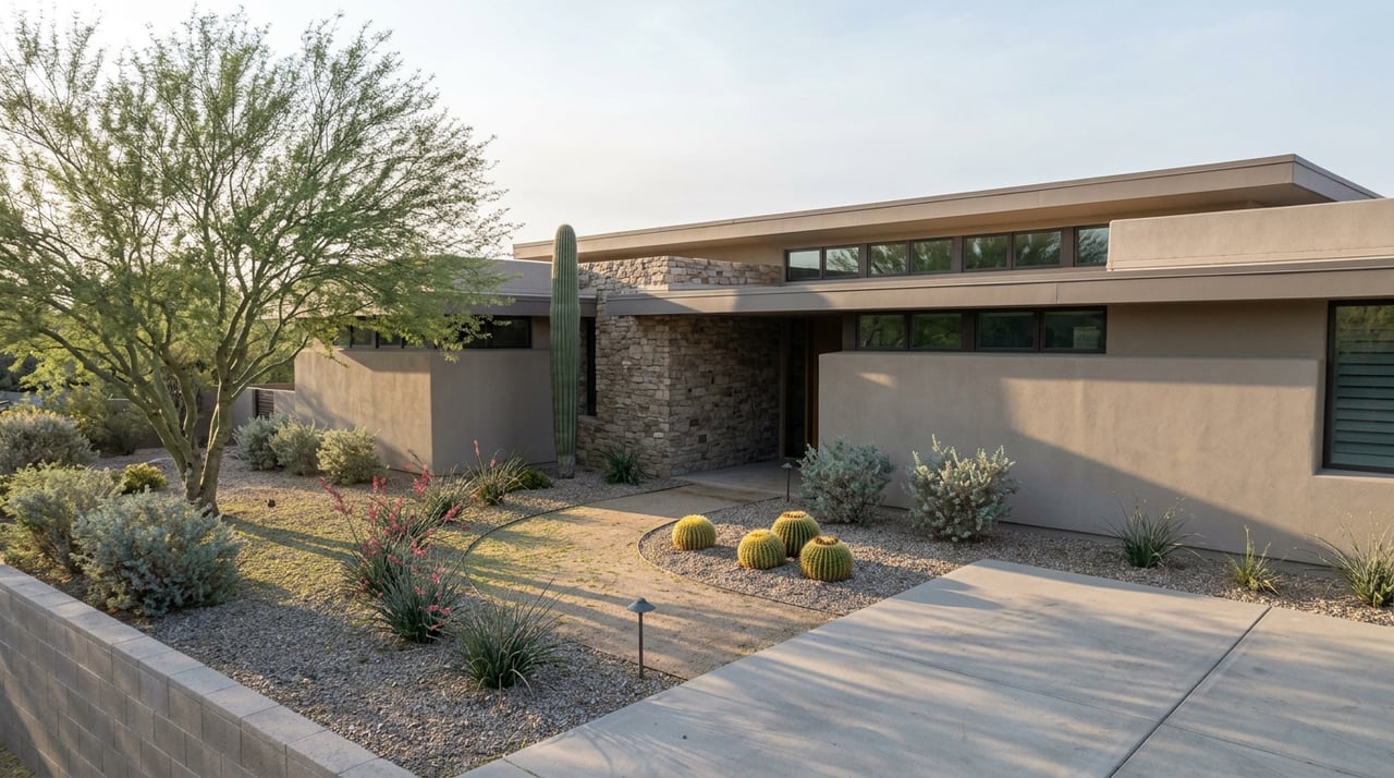Desert contemporary home with a stone entry wall, bronze-framed windows, and a curved path among cacti.