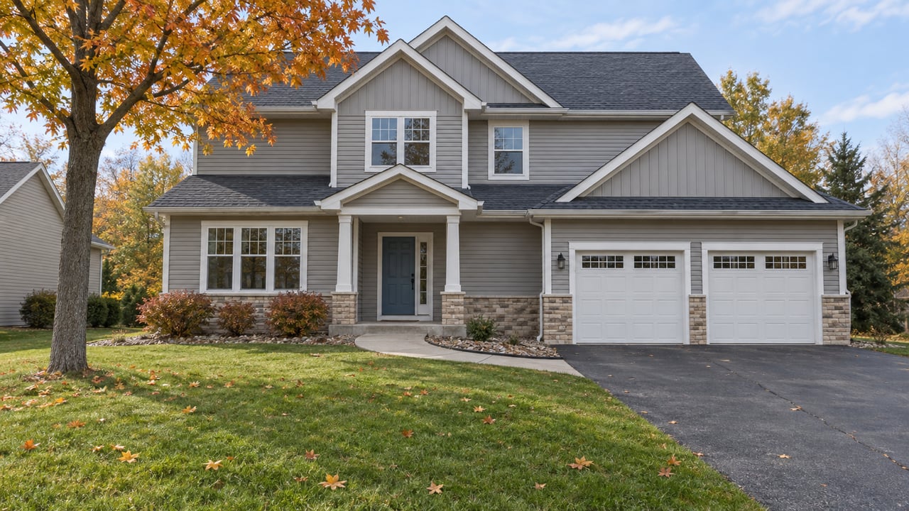 Gray two-story home with white trim, an attached garage, a broad autumn lawn and an orange-leaved maple.