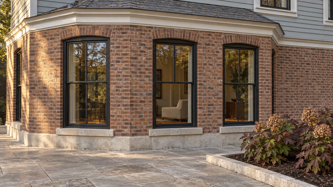Warm brick garden bay with arched black-framed windows, a limestone terrace and autumn oakleaf hydrangeas.