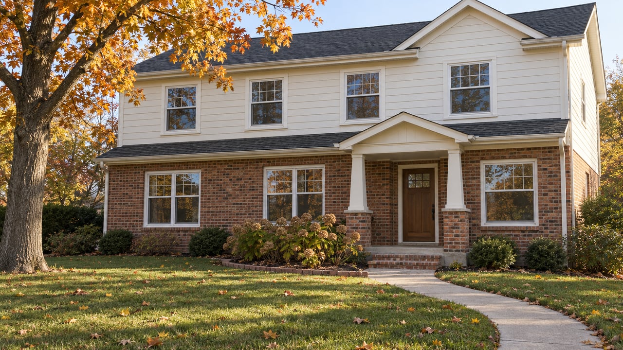 Traditional brick and ivory-sided home behind a deep autumn lawn, framed by an amber sugar maple and a covered wood-door entry.