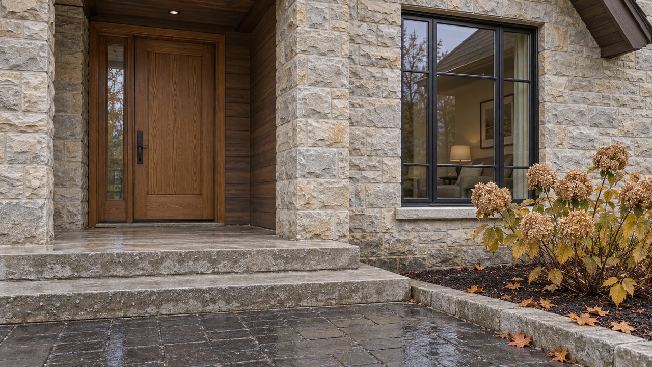 Rain-darkened limestone steps lead to an oak entrance beside black-framed glazing and dried hydrangea flowers.