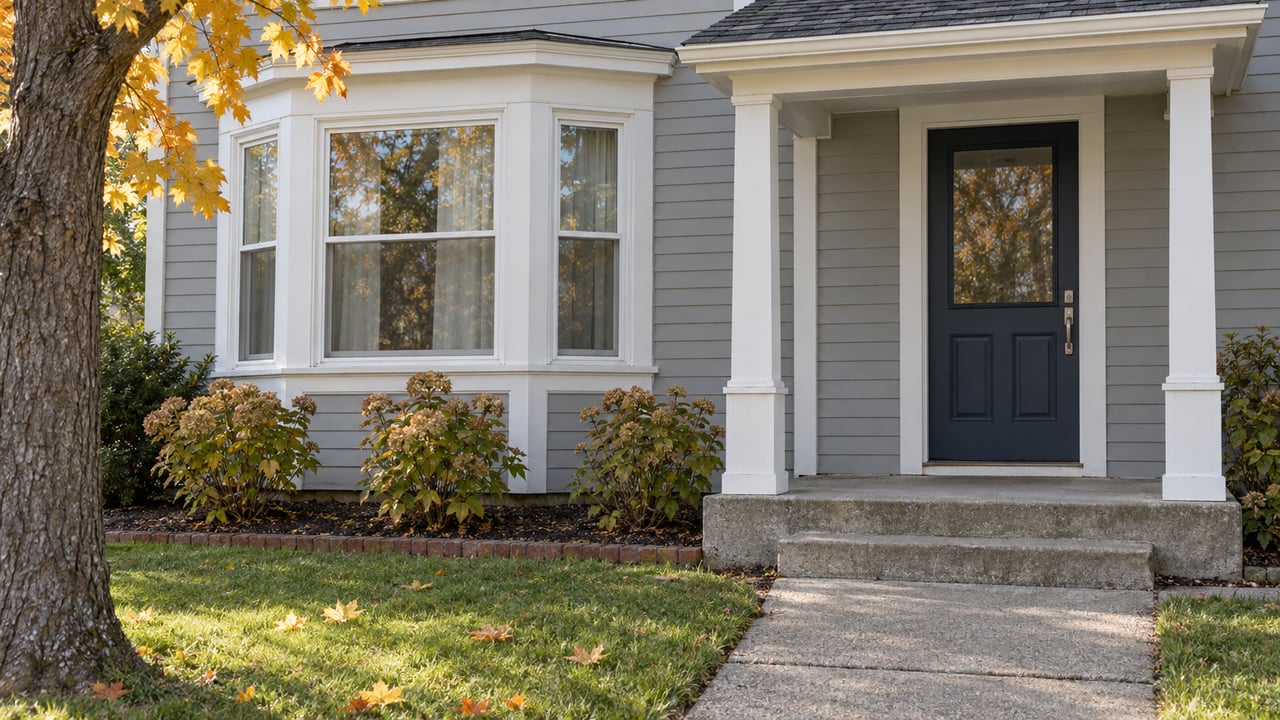 Light-gray clapboard home with a white-trimmed window bay, sheltered navy front door, concrete steps, and yellow-orange maple leaves.