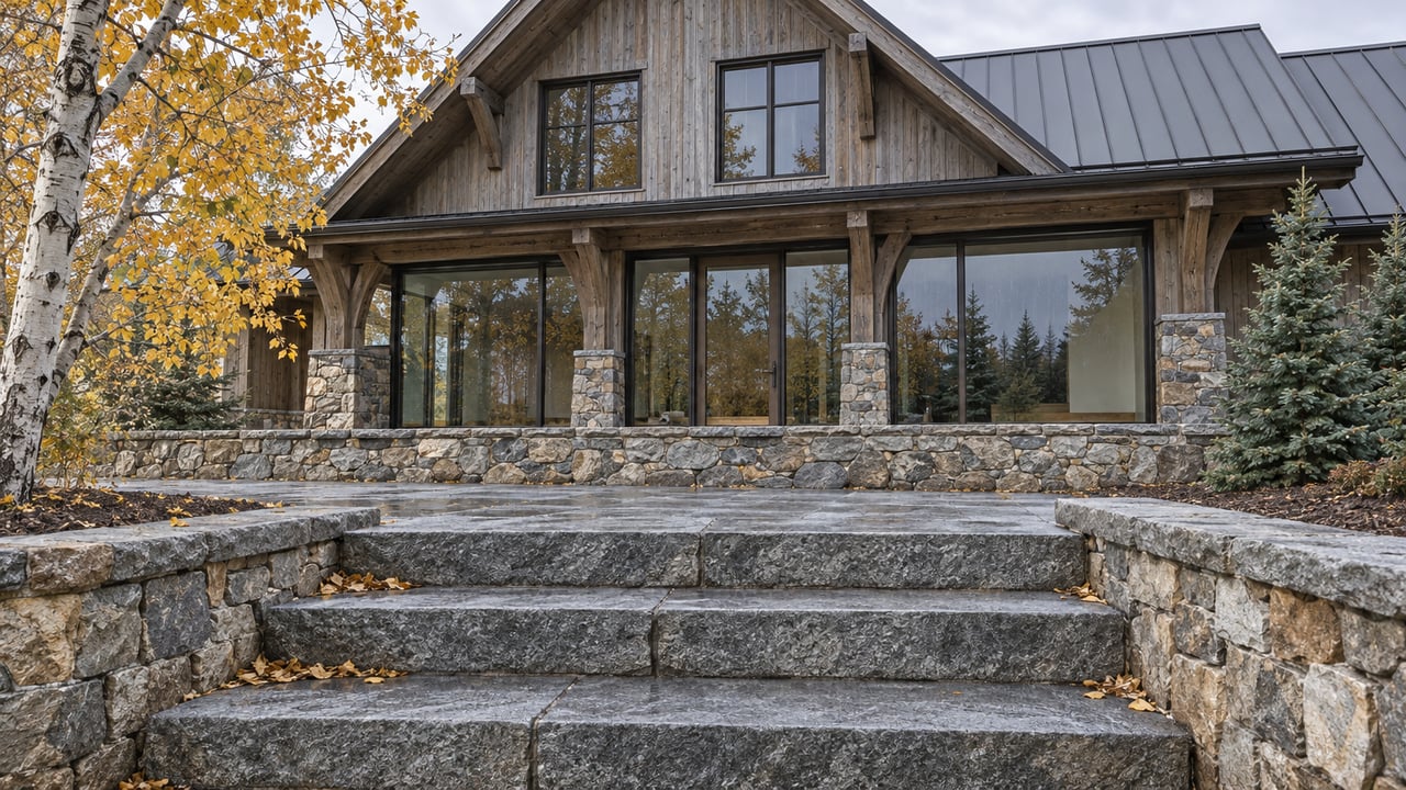 Timber-and-stone home with a steep metal roof, glazed entry, granite steps and golden aspen foliage in cool autumn daylight.
