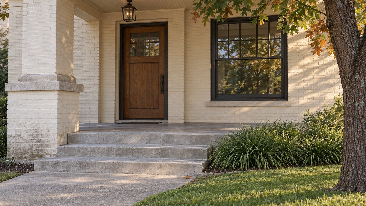 Cream-painted brick porch with limestone steps, a closed oak door and black divided-light window beside a mature oak and lawn.