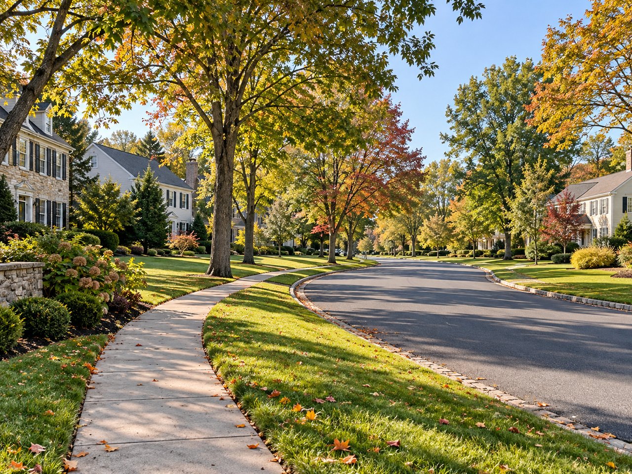 Residential street with detached homes and sidewalks beneath colorful autumn trees.